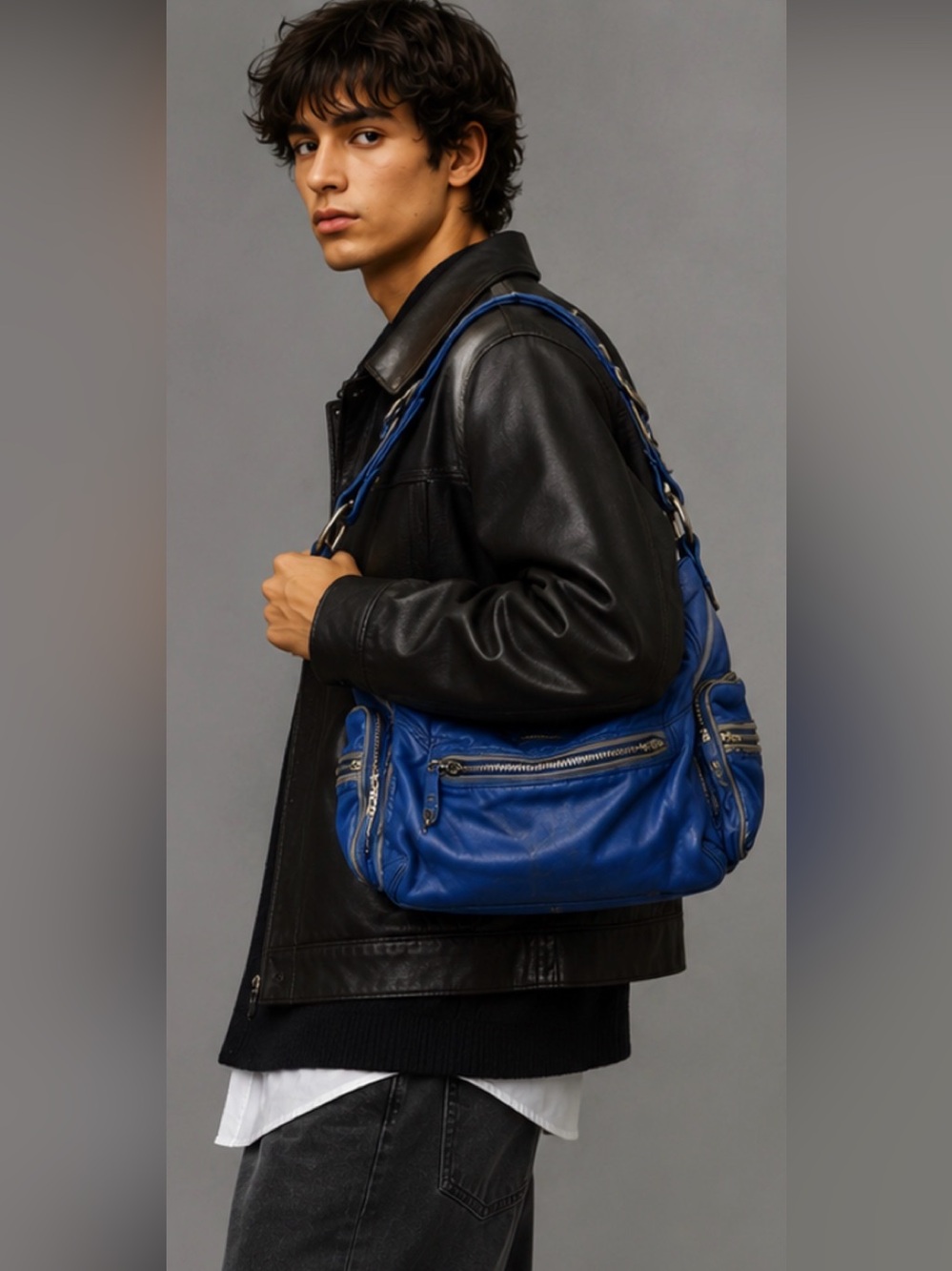Alexander Wang Holden Cobalt Blue Leather Hobo Shoulder Bag Multi Zip Archive